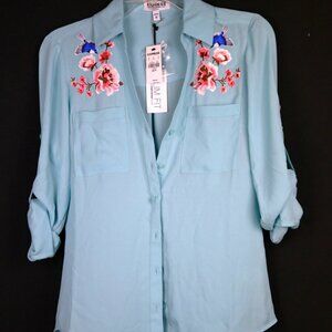 Express The Portfino Shirt Blue Embroidered Floral Blouse Slim Fit Size XS NEW